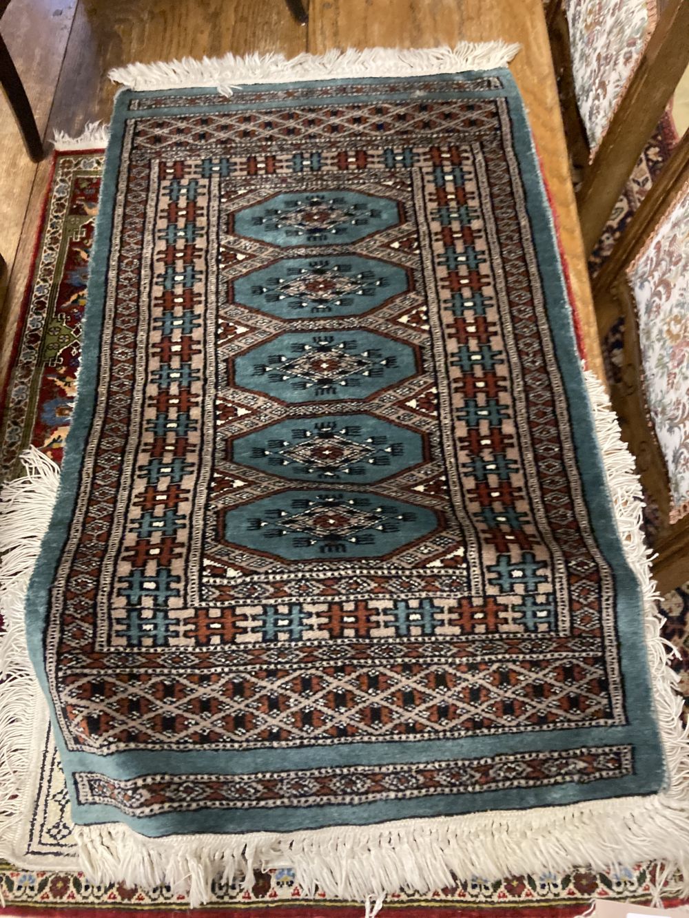 A Persian silk prayer rug and six other Eastern mats, largest 80 x 60cm (7)